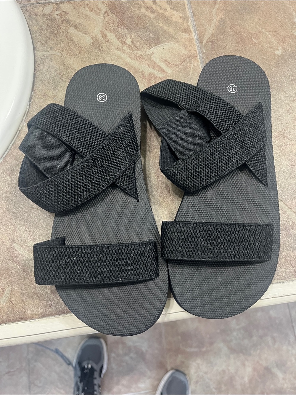 Textured Black Crisscross Slide Sandals